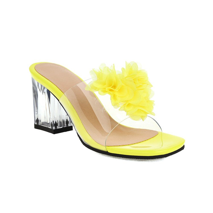 Women Flora Crystal Transparent Block Heel Slides Sandals