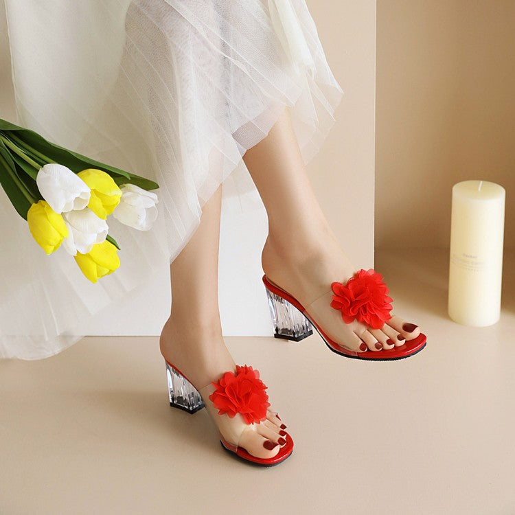 Women Flora Crystal Transparent Block Heel Slides Sandals