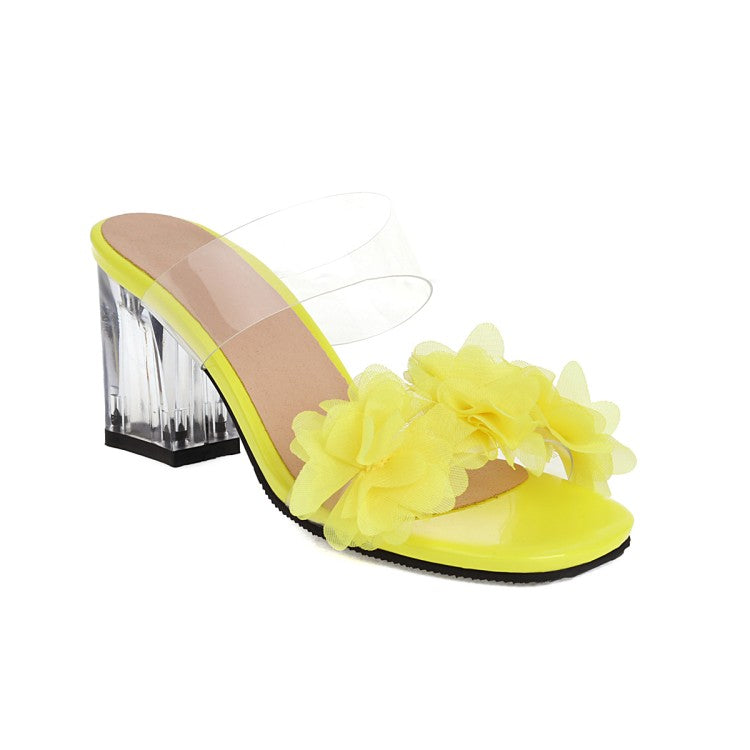 Women Candy Color Pleated Flora Transparent Crystal Block Heel Slides Sandals