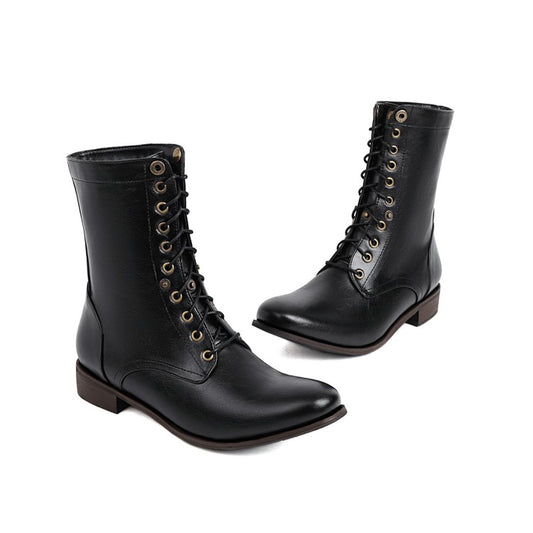 Women Pointed Toe Rivets Lace Up Low Heels Riding Short Boots