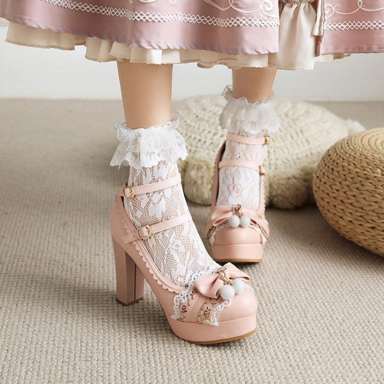 Women Lolita Bow Tie Almond Toe Lace Ankle Strap Chunky Heel Platform Pumps