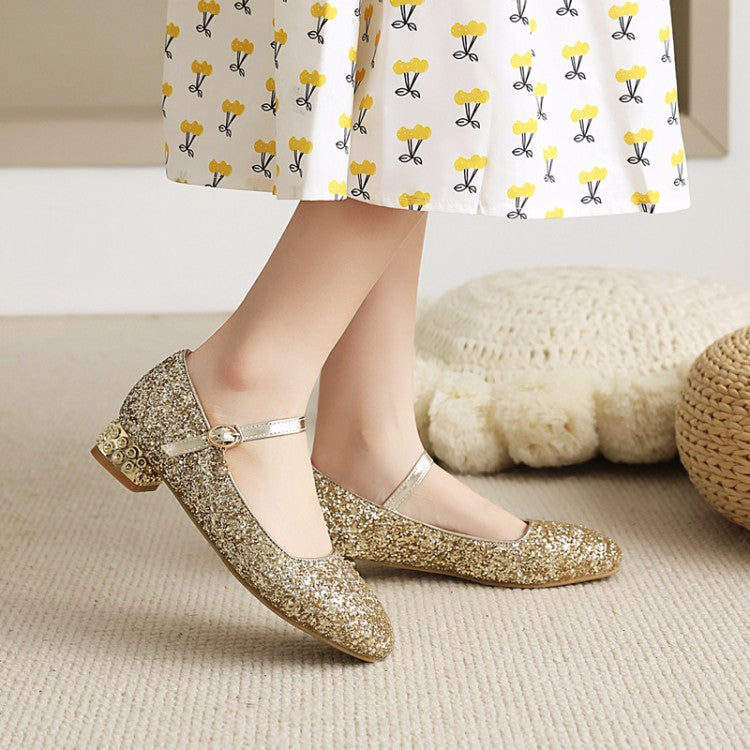 Square Toe Sequins Mary Janes Low Heels Women Pumps