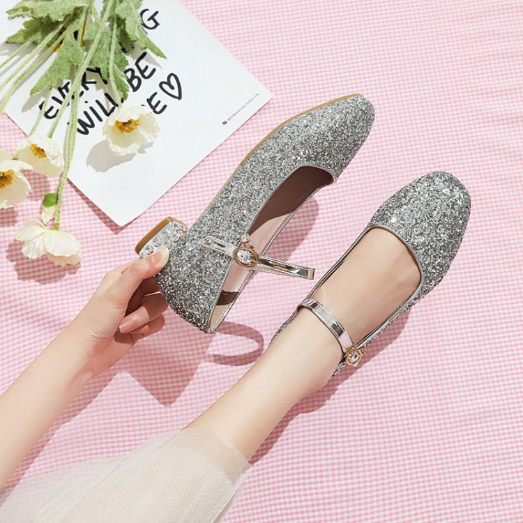 Square Toe Sequins Mary Janes Low Heels Women Pumps