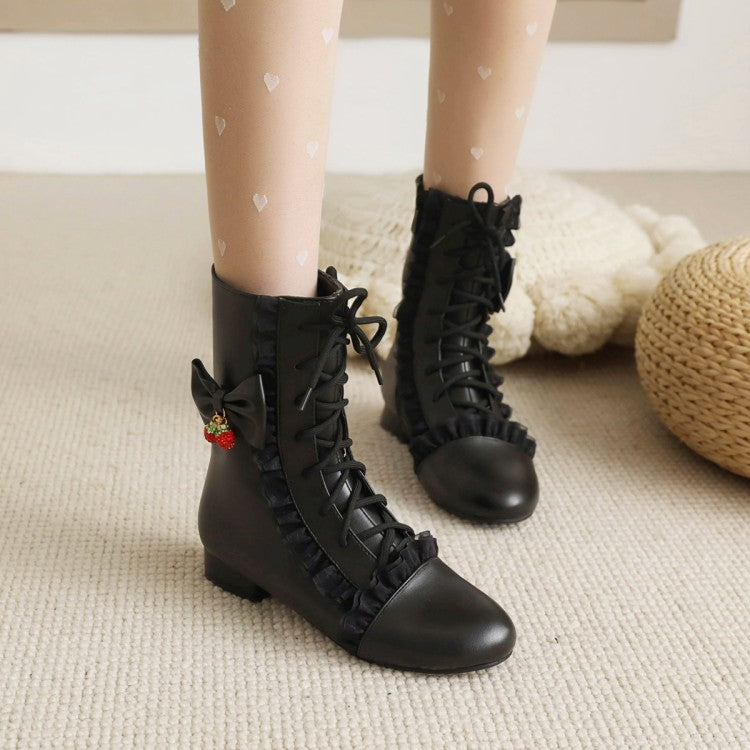 Women  Side Zippers Lace Up Bow Tie Low Heels Mid Calf Boots