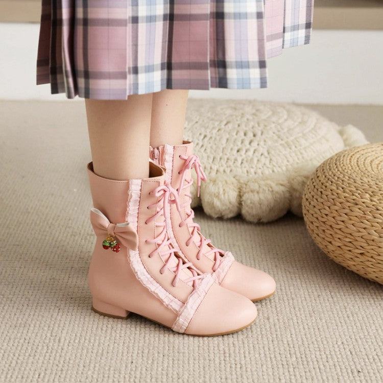 Women  Side Zippers Lace Up Bow Tie Low Heels Mid Calf Boots
