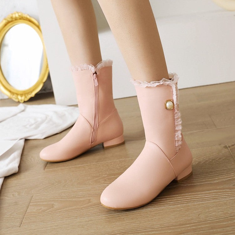 Women Side Zippers Lace Pearls Low Heels Mid Calf Boots
