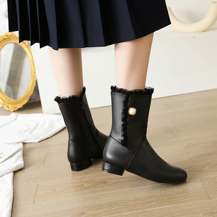 Women Side Zippers Lace Pearls Low Heels Mid Calf Boots