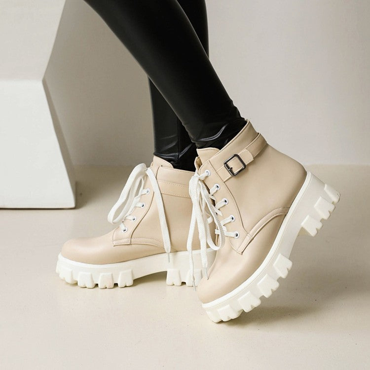Women Round Toe Lace Up Buckle Straps Block Chunky Heel Platform Short Boots