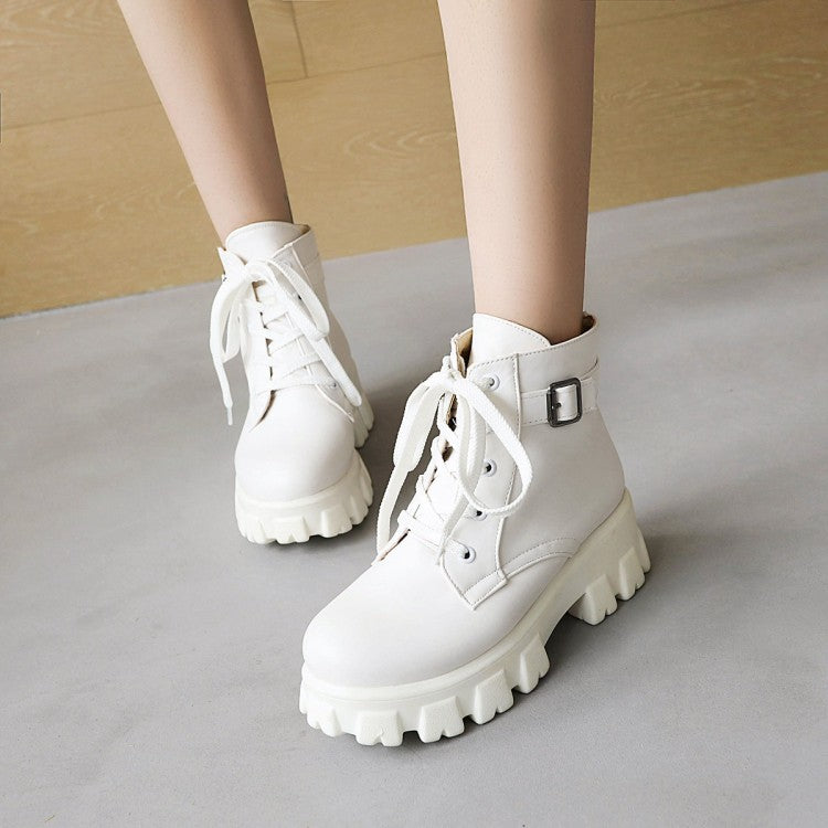 Women Round Toe Lace Up Buckle Straps Block Chunky Heel Platform Short Boots