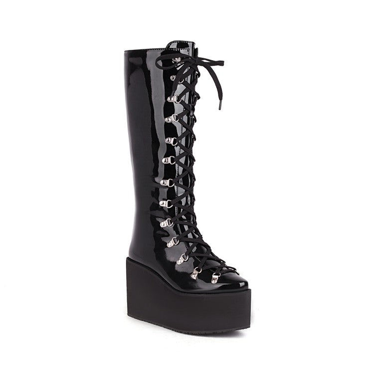Women Pu Leather Round Toe Metal Rivets Lace Up Wedge Heel Platform Mid-calf Boots