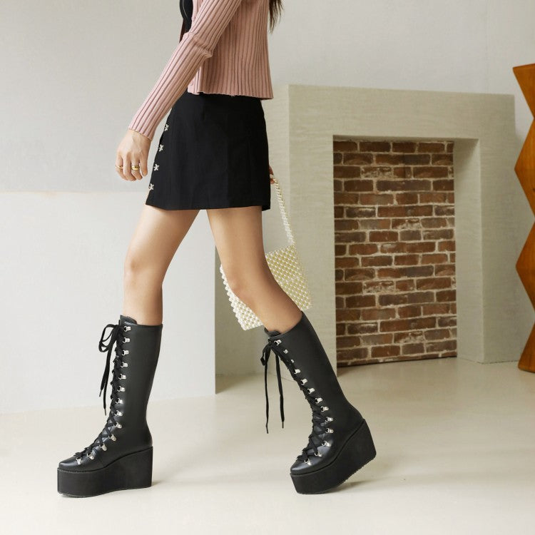 Women Pu Leather Round Toe Metal Rivets Lace Up Wedge Heel Platform Mid-calf Boots