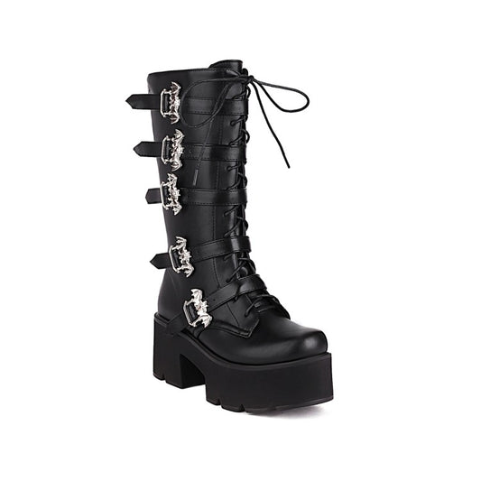 Women Pu Leather Square Toe Lace Up Buckle Straps Block Chunky Heel Platform Mid-calf Boots