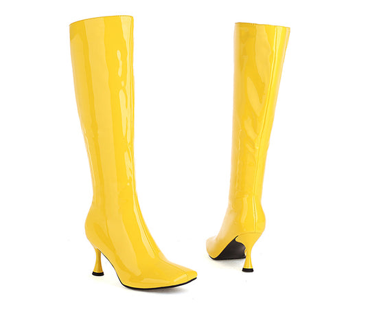 Women Square Toe Side Zippers Spool Heel Knee-High Boots
