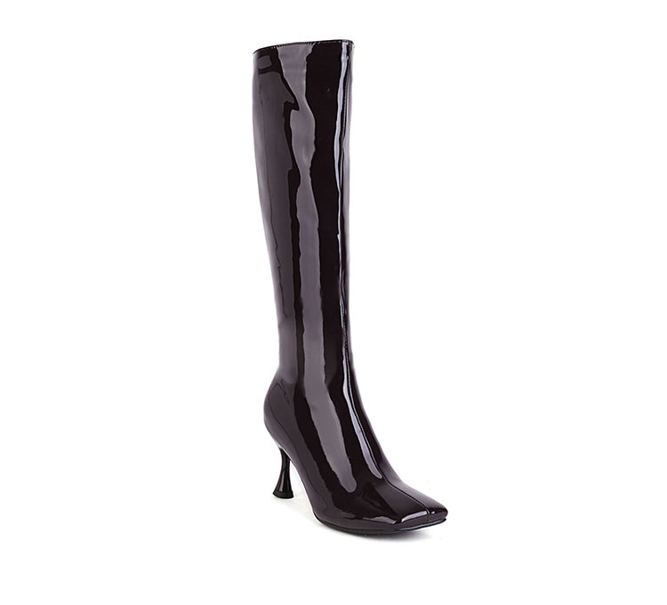 Women Square Toe Side Zippers Spool Heel Knee-High Boots