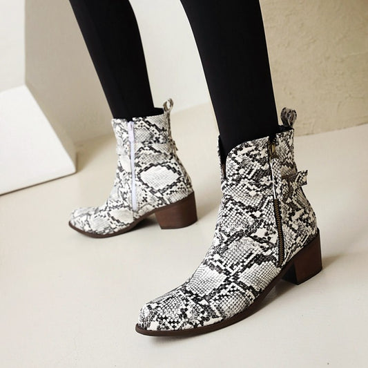 Women Snake Printed Square Toe Side Zippers Block Chunky Heel Short Boots