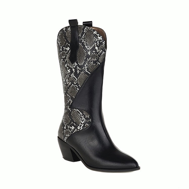 Women Patchwork Pointed Toe Low Heel Cowboy Mid-Calf Western Boots