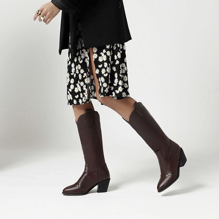 Women Pointed Toe Block Chunky Heel Cowboy Western Boots