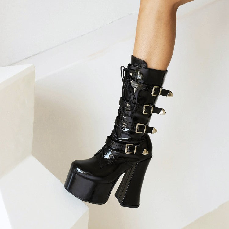 Women Pu Leather Round Toe Lace Up Buckle Straps Block Chunky Heel Platform Mid-calf Boots
