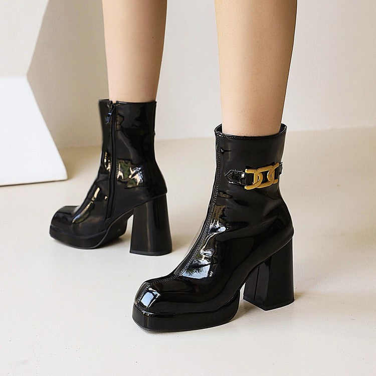 Women Glossy Square Toe Side Zippers Block Chunky Heel Platform Short Boots