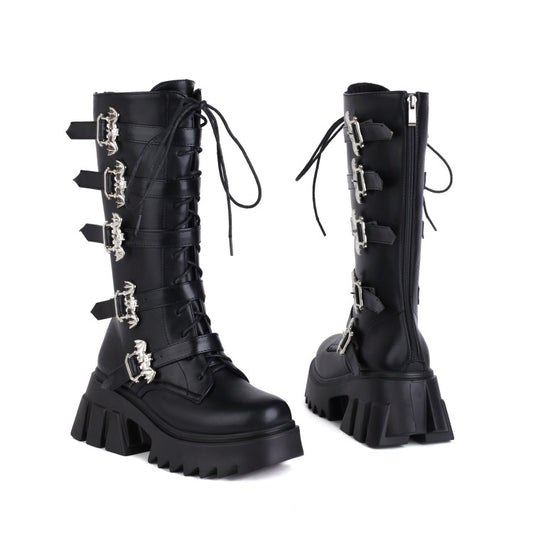 Women Pu Leather Round Toe Lace Up Buckle Straps Block Chunky Heel Platform Riding Mid-calf Boots