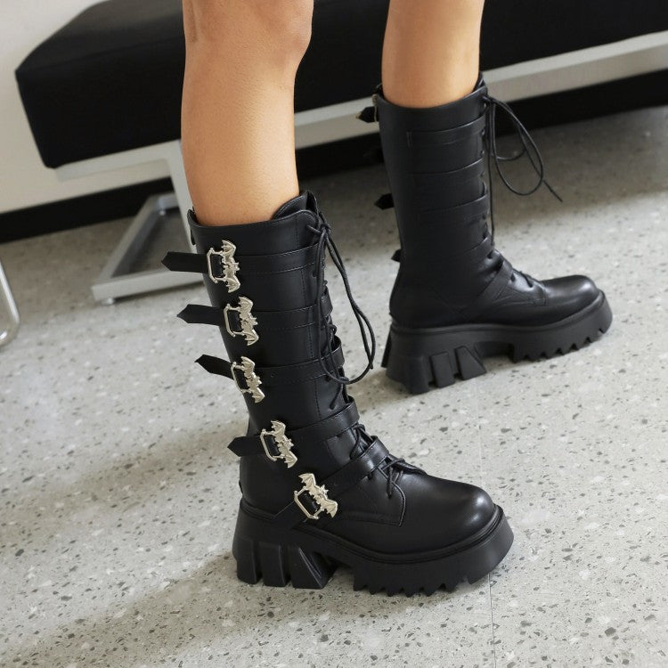Women Pu Leather Round Toe Lace Up Buckle Straps Block Chunky Heel Platform Riding Mid-calf Boots