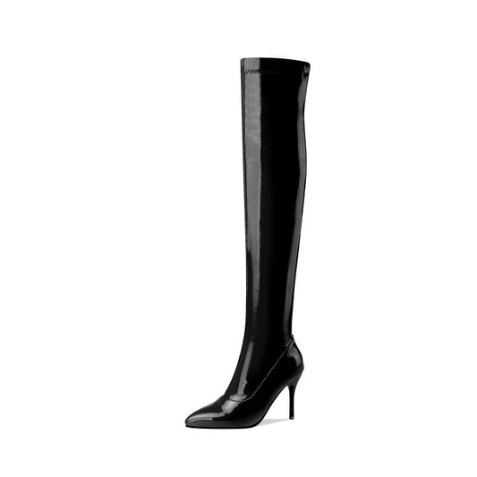 Women Glossy Pointed Toe Side Zippers Stiletto Heel Over the Knee Boots