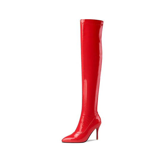 Women Glossy Pointed Toe Side Zippers Stiletto Heel Over the Knee Boots