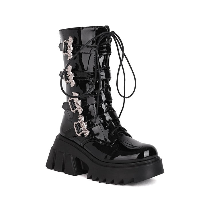Women Glossy Metal Buckle Straps Lace Up Block Chunky Heel Platform Mid-calf Boots