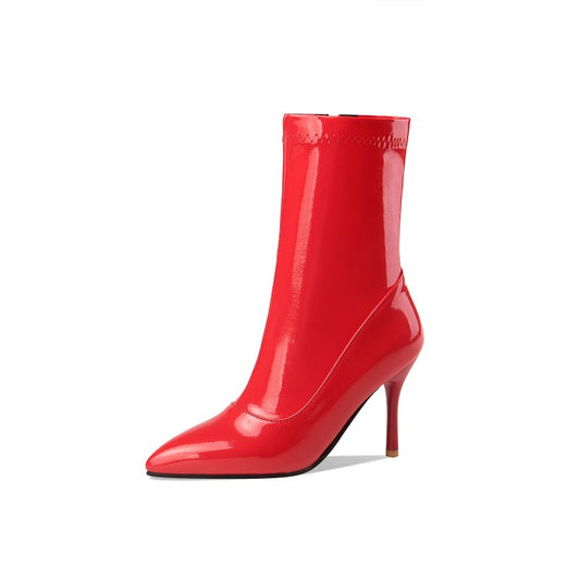Women Pointed Toe Side Zippers Stiletto Heel Mid Calf Boots