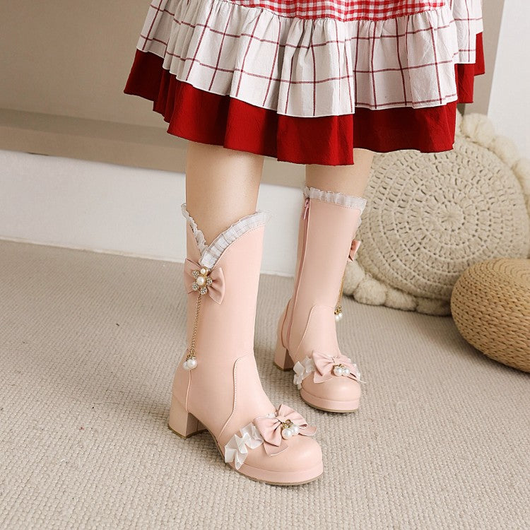 Women Pearls Lace Bow Tie Block Chunky Heel Platform Knee-High Boots