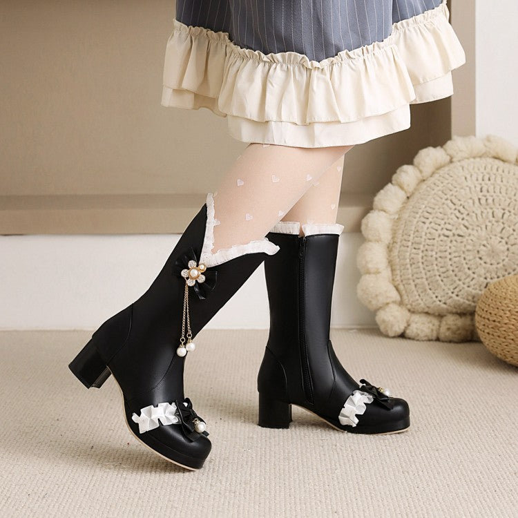 Women Pearls Lace Bow Tie Block Chunky Heel Platform Knee-High Boots