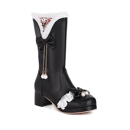 Women Lace Bow Tie Pearls Block Chunky Heel Platform Knee-High Boots