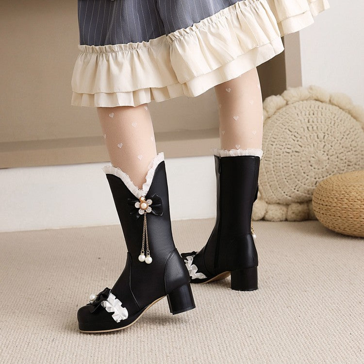 Women Lace Bow Tie Pearls Block Chunky Heel Platform Knee-High Boots