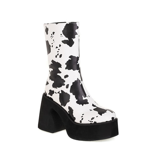 Women Bicolor Pu Leather Square Toe Side Zippers Block Chunky Heel Platform Mid Calf Boots
