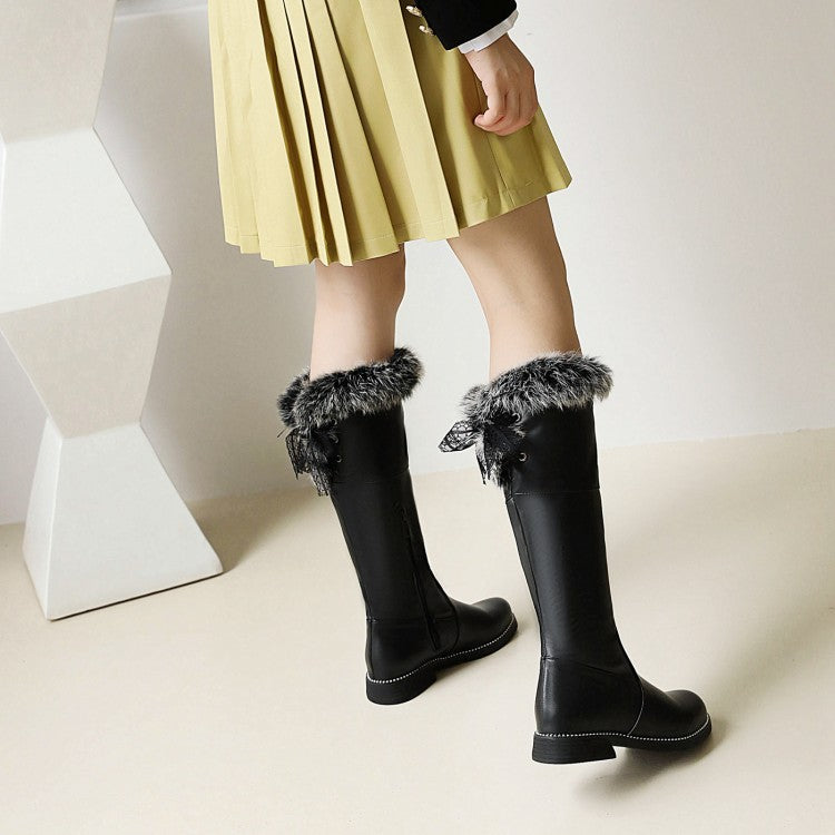 Women Side Zippers Fur Chunky Heel Knee-High Boots