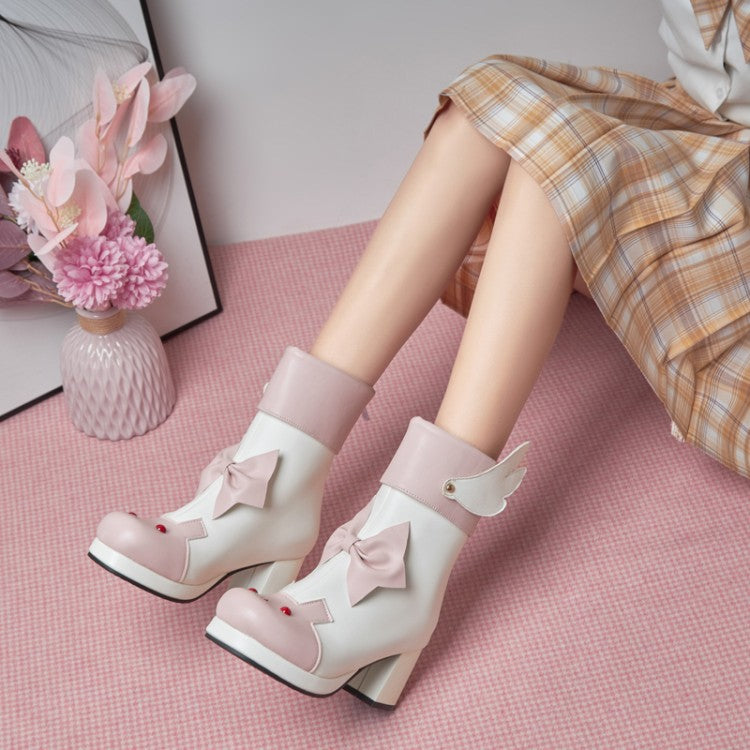 Women Lolita Bicolor Bow Tie Wings Block Chunky Heel Platform Ankle Boots