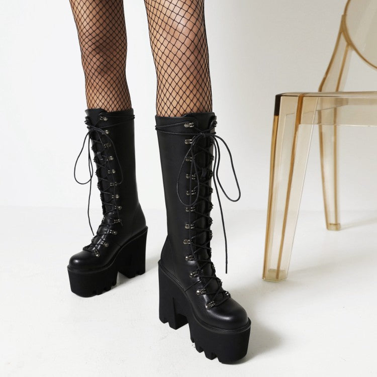 Women Glossy Round Toe Lace Up Block Chunky Heel Platform Mid-calf Boots