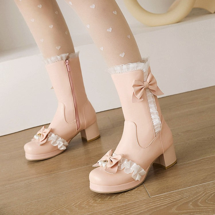 Women Lace Bow Tie Pearls Block Chunky Heel Mid-Calf Boots