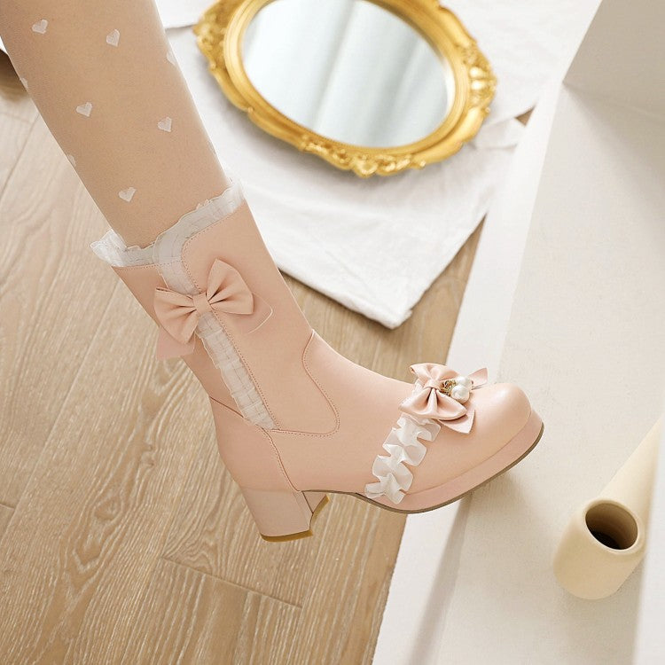 Women Lace Bow Tie Pearls Block Chunky Heel Mid-Calf Boots