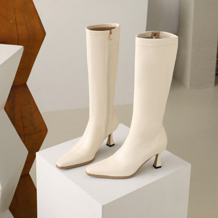 Women Pointed Toe Side Zippers Spool Heel Knee-High Boots