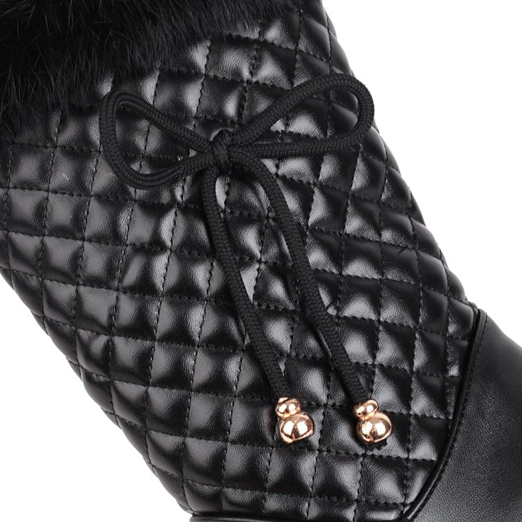 Women Pu Leather Round Toe Lattice Fur Side Zippers Inside Heighten Mid Calf Boots