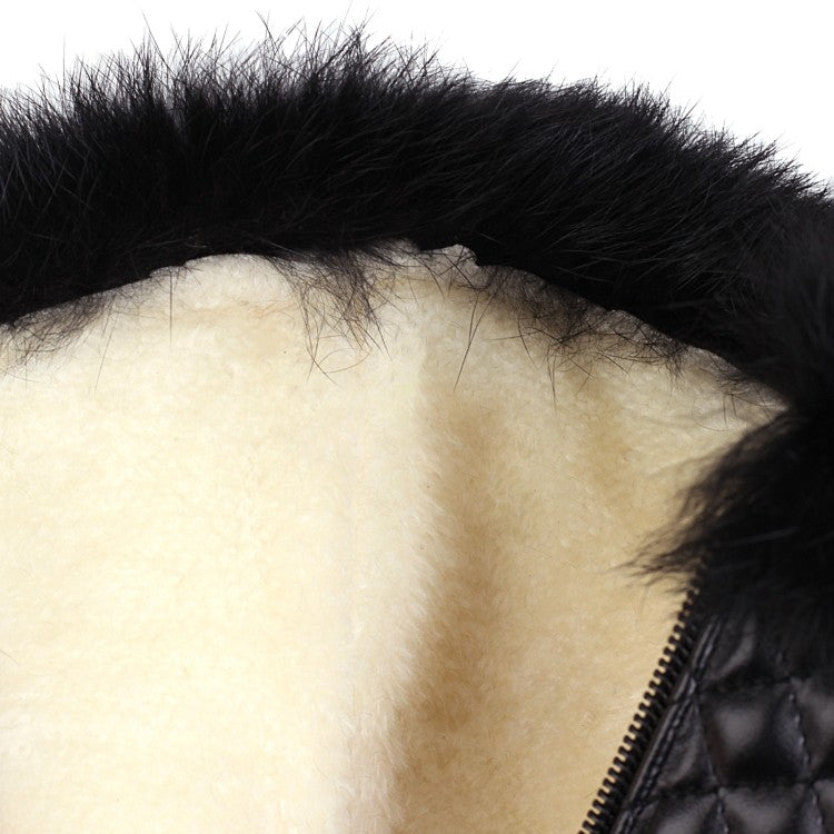 Women Pu Leather Round Toe Lattice Fur Side Zippers Inside Heighten Mid Calf Boots