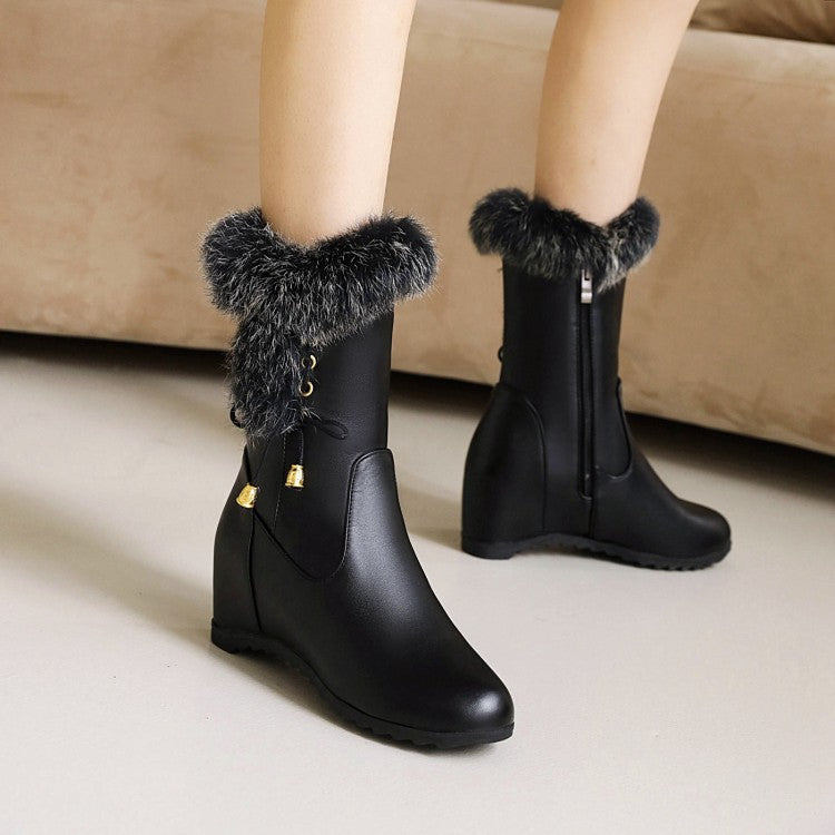 Women Pu Leather Round Toe Fur Side Zippers Inside Heighten Wedge Heel Mid Calf Boots
