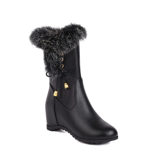 Women Pu Leather Round Toe Fur Side Zippers Inside Heighten Wedge Heel Mid Calf Boots