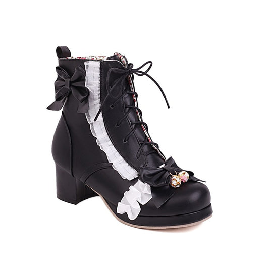 Women Lace Bow Tie Pearls Block Chunky Heel Ankle Boots