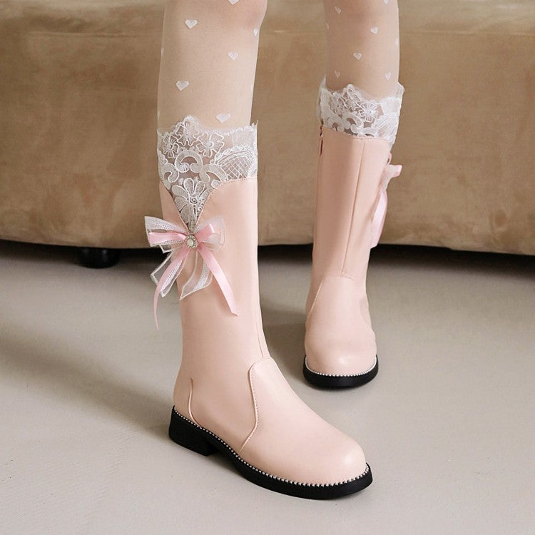 Women Lace Bow Tie Low Heels Knee-High Boots