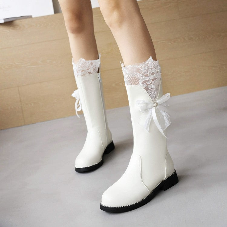 Women Lace Bow Tie Low Heels Knee-High Boots