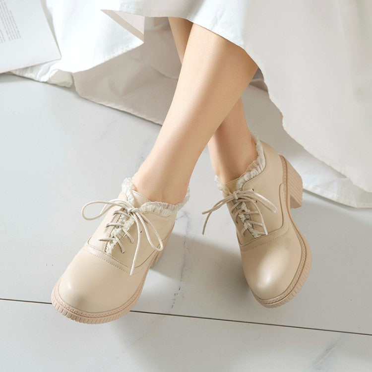 Women Booties Pu Leather Round Toe Lace Up Block Heel Oxford Shoes