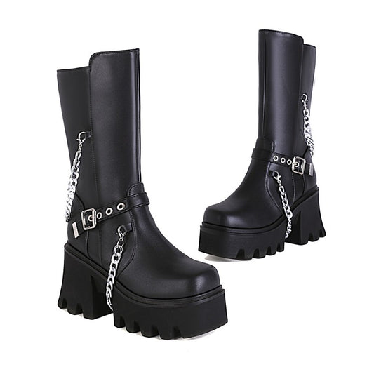 Women Glossy Square Toe Metal Chains Buckle Straps Side Zippers Block Chunky Heel Platform Mid Calf Boots