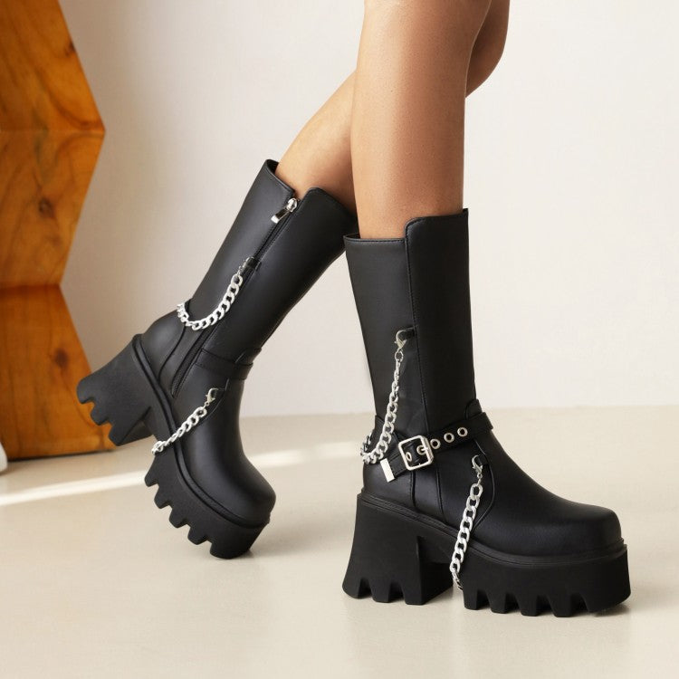 Women Glossy Square Toe Metal Chains Buckle Straps Side Zippers Block Chunky Heel Platform Mid Calf Boots